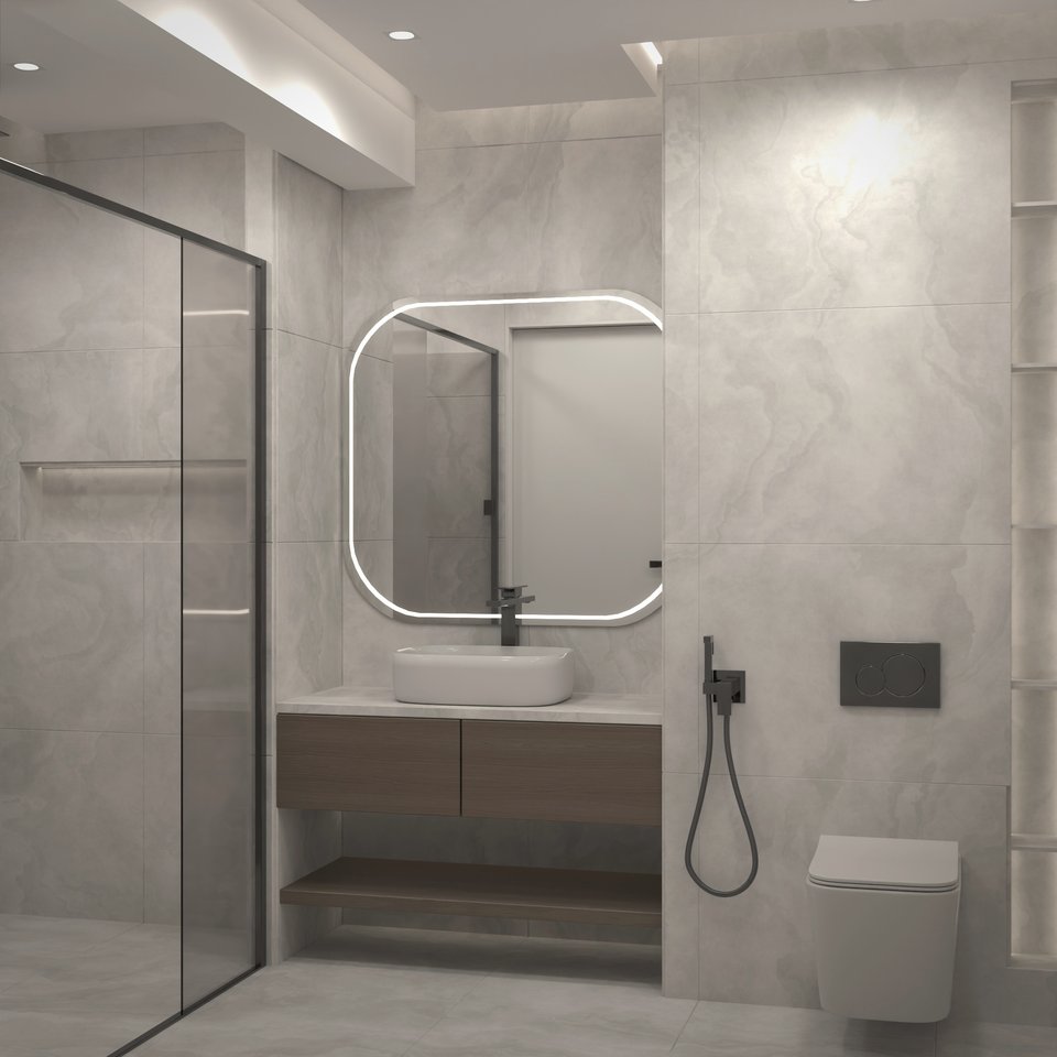 Salle de bain en pierre claire avec douche vitrée et meuble vasque en bois, rendu 3D