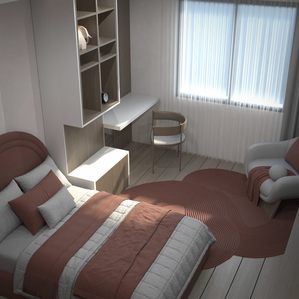 Chambre aux tons terre cuite avec bureau et étagères en bois clair, rendu 3D