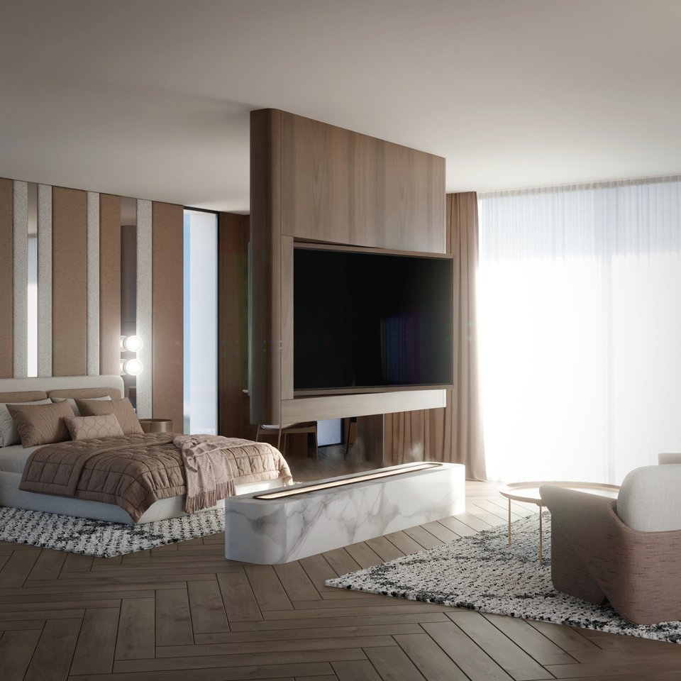 Suite parentale avec cloison TV en bois, rendu 3D