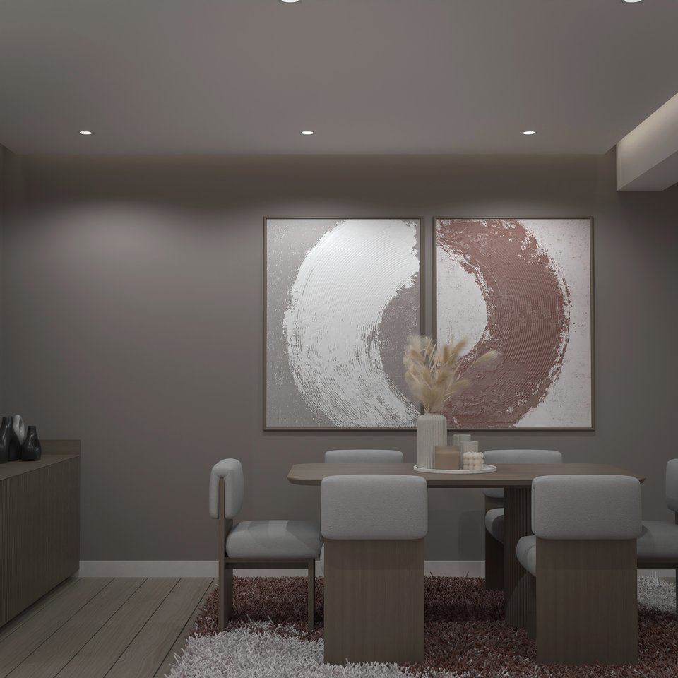 Coin repas aux murs taupe avec tableaux abstraits et tapis terracotta, rendu 3D