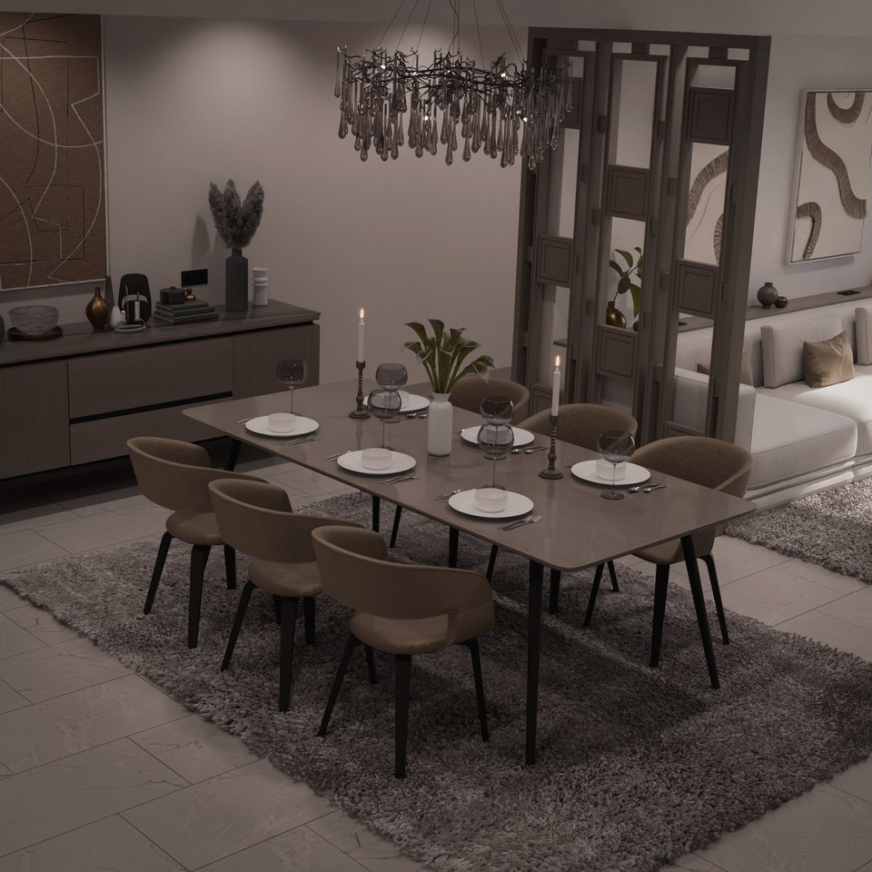 Table pour huit devant un claustra en bois, rendu 3D