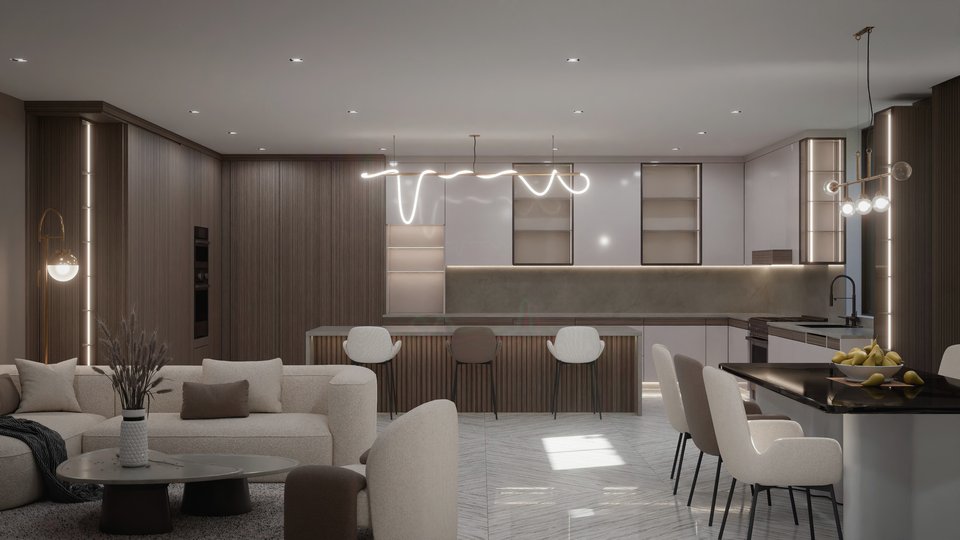 Cuisine ouverte avec îlot et salon au sous-sol, rendu 3D