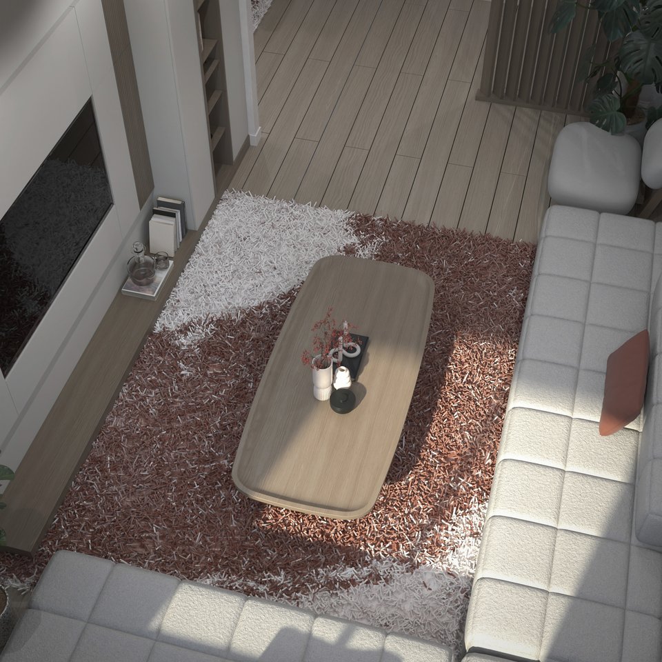Salon vu d'en haut avec canapé capitonné et table basse en bois, rendu 3D