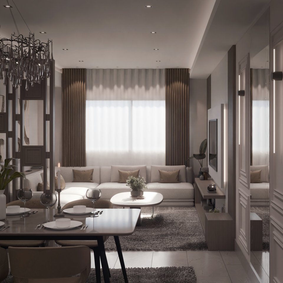 Salon et salle à manger ouverts avec rideaux en lin et lustre, rendu 3D
