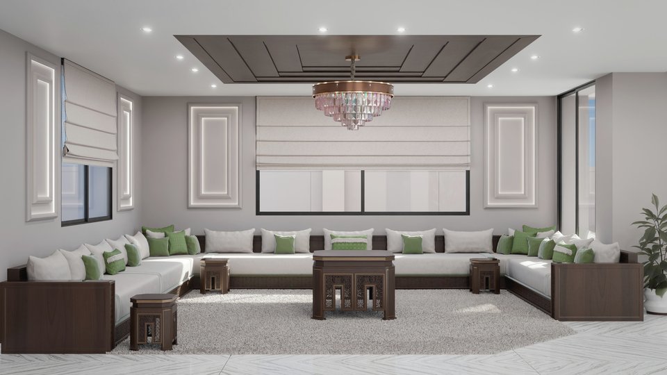 Salon marocain avec banquettes en bois foncé, rendu 3D